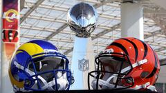 INGLEWOOD, CALIFORNIA - FEBRUARY 09: Helmets of the Los Angeles Rams and Cincinnati Bengals sit in front of the Lombardi Trophy as NFL Commissioner Roger Goodell (not pictured) addresses the media on February 09, 2022 at the NFL Network&#039;s Champions F