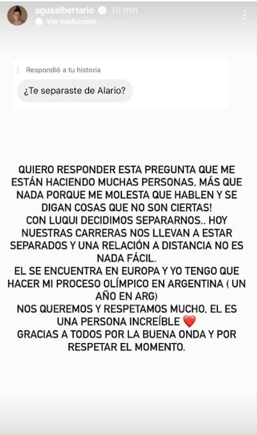 Agustina Albertario confirmó su separación de Lucas Alario y contó los motivos