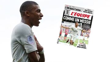 Mbappé celebra uno de sus goles ante el Guingamp
