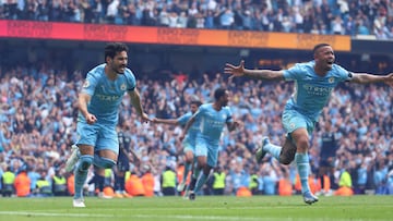 MANCHESTER, ENGLAND - MAY 22: Ilkay Gundogan of Manchester City celebrates after scoring a goal to make it 3-2 during the Premier League match between Manchester City and Aston Villa at Etihad Stadium on May 22, 2022 in Manchester, United Kingdom. (Photo by Robbie Jay Barratt - AMA/Getty Images)