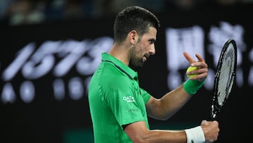 Tennis - Australian Open - Melbourne Park, Melbourne, Australia - January 30, 2026 Serbia's Novak Djokovic reacts during his semi final match against Italy's Jannik Sinner REUTERS/Jaimi Joy