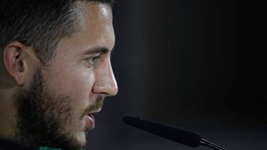 Real Madrid's Belgian forward Eden Hazard gives a press conference at the Valdebebas training complex in the outskirts of Madrid, on September 30, 2019, on the eve of the UEFA Champions league Group A football match against Club Brugge. (Photo by PIE