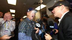 CLEVELAND, OH - NOVEMBER 02: Actor Bill Murray (L) celebrates in the clubhouse with President of Baseball Operations for the Chicago Cubs Theo Epstein after the Cubs defeated the Cleveland Indians 8-7 in Game Seven of the 2016 World Series at Progressive Field on November 2, 2016 in Cleveland, Ohio. The Cubs win their first World Series in 108 years.   Elsa/Getty Images/AFP
 == FOR NEWSPAPERS, INTERNET, TELCOS &amp; TELEVISION USE ONLY ==