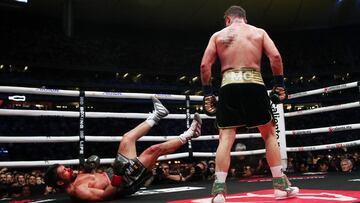 Boxing - Super Middleweight - Saul 'Canelo' Alvarez v John Ryder - Estadio Arkon, Guadalajara, Mexico - May 7, 2023 Saul 'Canelo' Alvarez knocks down John Ryder Reuters/Henry Romero