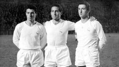Julio Gento (II), Paco Gento y Antonio Gento (III), en la &uacute;nica vez que jugaron juntos, en un amistoso contra el Z&uacute;rich en el Bernab&eacute;u, en enero de 1959.
 