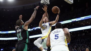 Jan 26, 2019; Boston, MA, USA; Golden State Warriors guard Stephen Curry (30) drives to the basket against Boston Celtics guard Kyrie Irving (11) during the second quarter at TD Garden. Mandatory Credit: Winslow Townson-USA TODAY Sports
