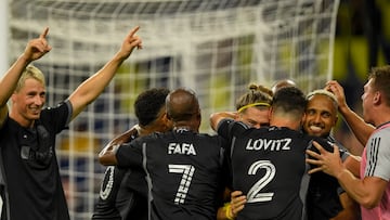 Aug 8, 2023; Nashville, TN, USA; Nashville SC defender Walker Zimmerman (25) and his teammates celebrate his goal against the Club America during the second half at GEODIS Park. Mandatory Credit: Steve Roberts-USA TODAY Sports