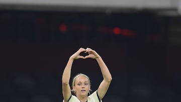   Sarah Luebbert celebrates her goal 2-0 of America during the game America vs Puebla, corresponding to Round 02 of the Torneo Clausura 2023 of the BBVA MX Womens League, at Azteca Stadium, on January 16, 2023.

<br><br>

Sarah Luebbert celebra su gol 2-0 de America durante el partido America vs Puebla, Correspondiente a la Jornada 02 del Torneo Clausura 2023 de la Liga BBVA MX Femenil, en el Estadio Azteca, el 16 de Enero de 2023