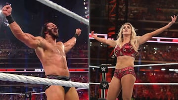 Drew McIntyre y Charlotte Flair celebran sus victorias en Royal Rumble 2020.