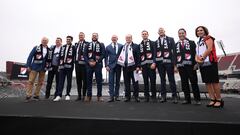May 18, 2023; San Diego, CA, USA; MLS commissioner Don Garber and San Diego FC owner Mohamed Mansour pose for photographs during a press conference at Snapdragon Stadium. Mandatory Credit: Orlando Ramirez-USA TODAY Sports