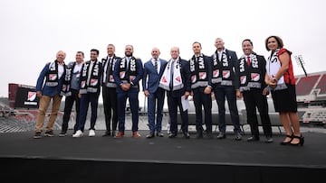 May 18, 2023; San Diego, CA, USA; MLS commissioner Don Garber and San Diego FC owner Mohamed Mansour pose for photographs during a press conference at Snapdragon Stadium. Mandatory Credit: Orlando Ramirez-USA TODAY Sports