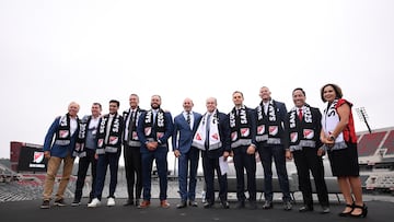 May 18, 2023; San Diego, CA, USA; MLS commissioner Don Garber and San Diego FC owner Mohamed Mansour pose for photographs during a press conference at Snapdragon Stadium. Mandatory Credit: Orlando Ramirez-USA TODAY Sports