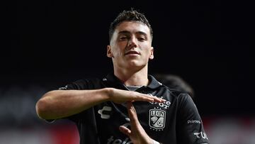    Federico Vinas celebrates his goal 1-2 of Leon during the 13th round match between Necaxa and Leon as part of the Torneo Clausura 2024 Liga BBVA MX at Victoria Stadium on March 31, 2024 in Aguascalientes, Mexico.