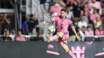 May 4, 2024; Fort Lauderdale, Florida, USA; Inter Miami CF forward Lionel Messi (10) controls the ball against the New York Red Bulls in the second half at Chase Stadium. Mandatory Credit: Nathan Ray Seebeck-USA TODAY Sports