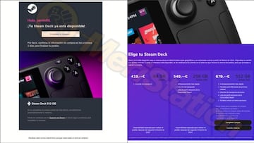 Izquierda: correo electrónico enviado por Valve | Derecha: página principal de Steam Deck en Steam