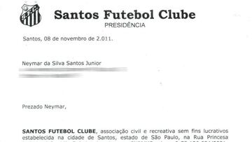 El documento firmado por el Santos que autoriza a Neymar a mantener conversaciones con clubes interesados en su fichaje a partir del 2014.