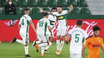 ELCHE, SPAIN - OCTOBER 23: Fidel Chaves of Elche CF celebrates after scoring the second goal for Elche CF during the La Liga Santader match between Elche CF and Valencia CF at Estadio Martinez Valero on October 23, 2020 in Elche, Spain. (Photo by Aitor A