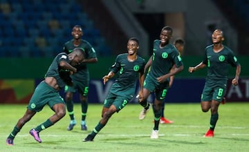 Players of Nigeria celebrate their second goal during the match against Ecuador for the FIFA U-17 World Cup Brazil 2019 on October 29, 2019 in Goiania, Brazil.