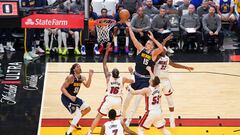 Jun 9, 2023; Miami, Florida, USA; Denver Nuggets center Nikola Jokic (15) shoots the ball against the Miami Heat during the first half in game four of the 2023 NBA Finals at Kaseya Center. Mandatory Credit: Kyle Terada-USA TODAY Sports