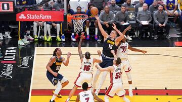 Jun 9, 2023; Miami, Florida, USA; Denver Nuggets center Nikola Jokic (15) shoots the ball against the Miami Heat during the first half in game four of the 2023 NBA Finals at Kaseya Center. Mandatory Credit: Kyle Terada-USA TODAY Sports