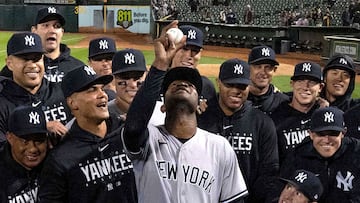 Jun 28, 2023; Oakland, California, USA;  New York Yankees starting pitcher Domingo German (0) poses with the team after pitching a perfect game against the Oakland Athletics at Oakland-Alameda County Coliseum. It was the first perfect game in MLB since 2012 and the fourth perfect game in franchise history. Mandatory Credit: Stan Szeto-USA TODAY Sports     TPX IMAGES OF THE DAY