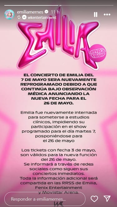 Preocupa la salud de Emilia Mernes tras cancelar otro concierto: ¡°Fue nuevamente internada¡±