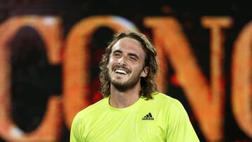 MELBOURNE, AUSTRALIA - FEBRUARY 17: Stefanos Tsitsipas of Greece smiles as he celebrates victory in his Men&rsquo;s Singles Quarterfinals match against Rafael Nadal of Spain during day 10 of the 2021 Australian Open at Melbourne Park on February 17, 2021 in Melbourne, Australia. (Photo by Cameron Spencer/Getty Images)