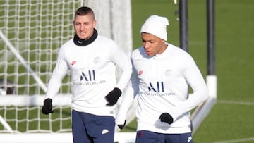 Mbapp&eacute;, en una imagen del &uacute;ltimo entrenamiento del PSG antes de recibir hoy al Galatasaray.