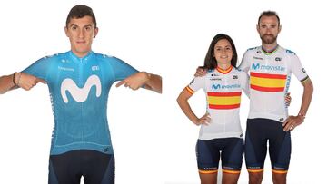 Marc Soler, Lourdes Oyarbide y Alejandro Valverde posan con las equipaciones que lucir&aacute;n con el Movistar en 2020.