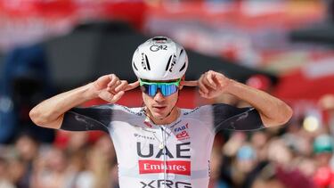 CERLER (HUESCA), 29/08/2025.- El ciclista español del Emirates UAE Juan Ayuso celebra su victoria en la séptima etapa de la Vuelta Ciclista a España que vive este viernes su segunda jornada montañosa con salida en Andorra La Vella y llegada en Cerler (Huesca) tras 187 kilómetros de recorrido. EFE/Javier Lizón