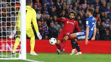 GLASGOW, SCOTLAND - OCTOBER 12: Mohamed Salah of Liverpool scores their team's fourth goal during the UEFA Champions League group A match between Rangers FC and Liverpool FC at Ibrox Stadium on October 12, 2022 in Glasgow, Scotland. (Photo by Ian MacNicol/Getty Images)