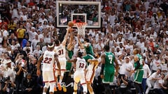 Boston Celtics guard Derrick White (3-R) tips in the winning basket as the buzzer sounds during the second half of the NBA basketball Eastern Conference Finals playoff game six between the Miami Heat and the Boston Celtics at the Kaseya Center in Miami, Florida, USA, 27 May 2023.