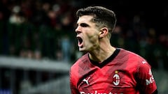 AC Milan's American forward #11 Christian Pulisic reacts after scoring his team's second goal during the Serie A football match between AC Milan and Frosinone at San Siro stadium in Milan, on December 2, 2023. (Photo by Piero CRUCIATTI / AFP)