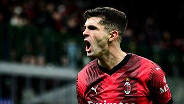 AC Milan's American forward #11 Christian Pulisic reacts after scoring his team's second goal during the Serie A football match between AC Milan and Frosinone at San Siro stadium in Milan, on December 2, 2023. (Photo by Piero CRUCIATTI / AFP)