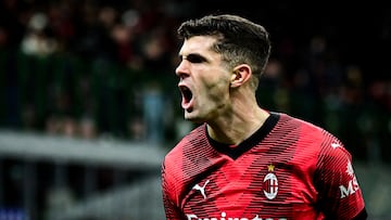 AC Milan's American forward #11 Christian Pulisic reacts after scoring his team's second goal during the Serie A football match between AC Milan and Frosinone at San Siro stadium in Milan, on December 2, 2023. (Photo by Piero CRUCIATTI / AFP)