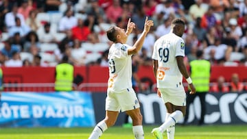 Alexis SANCHEZ of Marseille celebrate his second goal during the Ligue 1 Uber Eats match between OGC Nice and Olympique de Marseille at Allianz Riviera on August 28, 2022 in Nice, France. (Photo by Johnny Fidelin/Icon Sport via Getty Images)