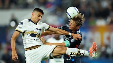 Feb 3, 2026; San Diego, California, USA; Pumas UNAM forward Guillermo Martinez (9) and San Diego FC defender Jeppe Tverskov (6) compete for the ball during the second half at Snapdragon Stadium. Mandatory Credit: Chadd Cady-Imagn Images