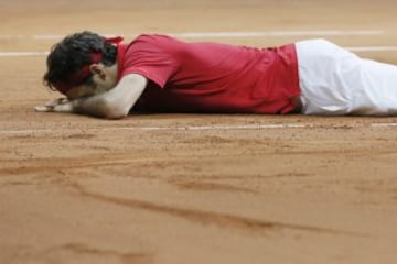 Roger Federer celebra tras vencer a Richard Gasquet para el primer título de Suiza en Copa Davis.