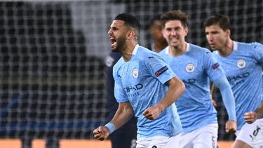 Manchester City's Algerian midfielder Riyad Mahrez celebrates after scoring a goal during the UEFA Champions League first leg semi-final football match between Paris Saint-Germain (PSG) and Manchester City at the Parc des Princes stadium in Paris on April