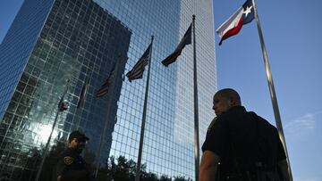 Law enforcement stands outside of a reunification center after a shooting incident at television evangelist Joel Osteen’s Lakewood Church, in Houston, Texas, U.S. February 11, 2024.  REUTERS/Callaghan O’Hare