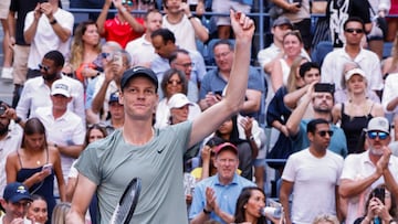 Italy's Jannik Sinner celebrates his victory over Australia's Christopher O'Connell during their men's singles third round match on day six of the US Open tennis tournament at the USTA Billie Jean King National Tennis Center in New York City, on August 31, 2024. (Photo by Kena Betancur / AFP)
