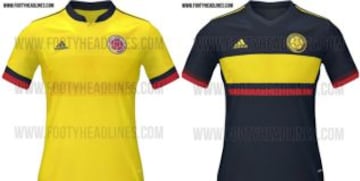 La alternativa de Colombia (a la derecha) será azul marino con una franja horizontal amarilla en el pecho.