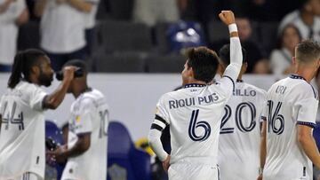 Aug 26, 2023; Carson, California, USA; Los Angeles Galaxy midfielder Riqui Puig (6) celebrates after he scored a goal in the second half against the Chicago Fire at Dignity Health Sports Park. Mandatory Credit: Jayne Kamin-Oncea-USA TODAY Sports