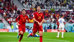 Carlos SOLER of Spain celebrates his goal with Alvaro MORATA of Spain during the FIFA World Cup Qatar 2022, Group E match between Spain and Costa Rica on November 23, 2022 at Al Thumama Stadium in Doha, Qatar. (Photo by Baptiste Fernandez/Icon Sport via Getty Images)