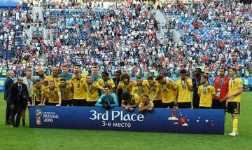 El equipo belga celebra el tercer puesto en el Mundial.