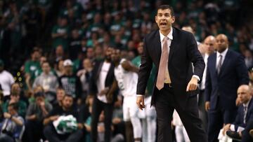 BOSTON, MA - APRIL 30: Brad Stevens of the Boston Celtics reacts during the second quarter of Game One of Round Two of the 2018 NBA Playoffs against the Philadelphia 76ers at TD Garden on April 30, 2018 in Boston, Massachusetts. Maddie Meyer/Getty Images/AFP
== FOR NEWSPAPERS, INTERNET, TELCOS & TELEVISION USE ONLY ==