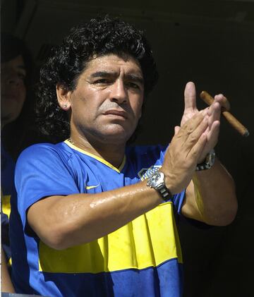 Diego Armando Maradona supporting Boca Juniors at La Bombonera.