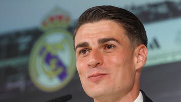 Acto de presentación del jugador Kepa Arrizabalaga como nuevo jugador del Real Madrid, este martes en la ciudad deportiva de Valdebebas (Madrid). Arrizabalaga ha sido cedido por el Chelsea FC y estará vinculado al Real Madrid durante esta temporada hasta el 30 de junio de 2024.