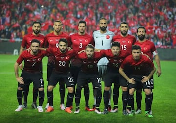 Turkey's players line up before the friendly football match between Turkey and Sweden at Antalya arena stadium on March 24, 2016 in Antalya. / AFP PHOTO / STR