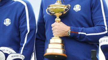 Padraig Harrington, Europe's team captain, holds the trophy ahead of the 2021 Ryder Cup at Whistling Straits.